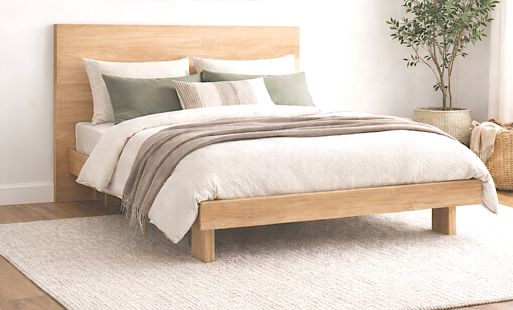 Low minimalist platform bed with plank headboard