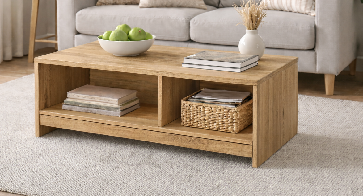 A flat-panel pine coffee table with a two-bay storage shelf underneath